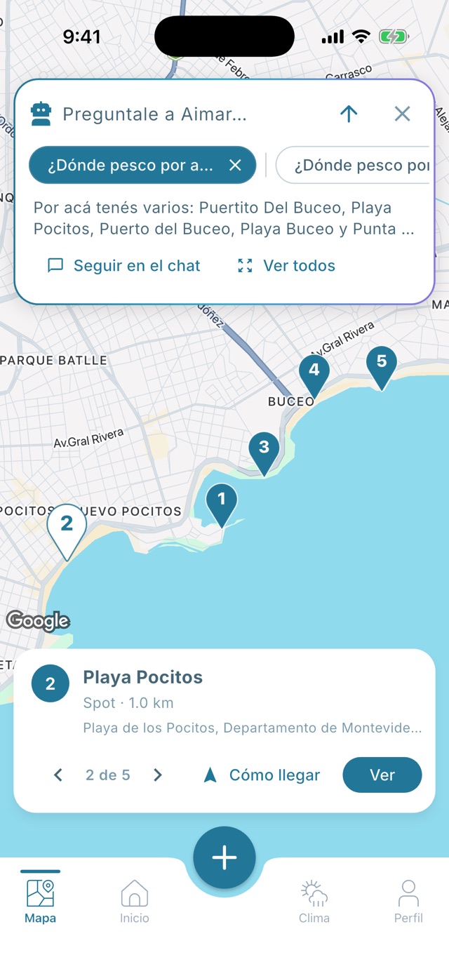 Aimar marcando spots de pesca en el mapa